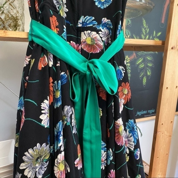 Anthropologie Moulinette Soeurs Black Floral Print Green Belt Sleeveless Dress - Picture 8 of 15